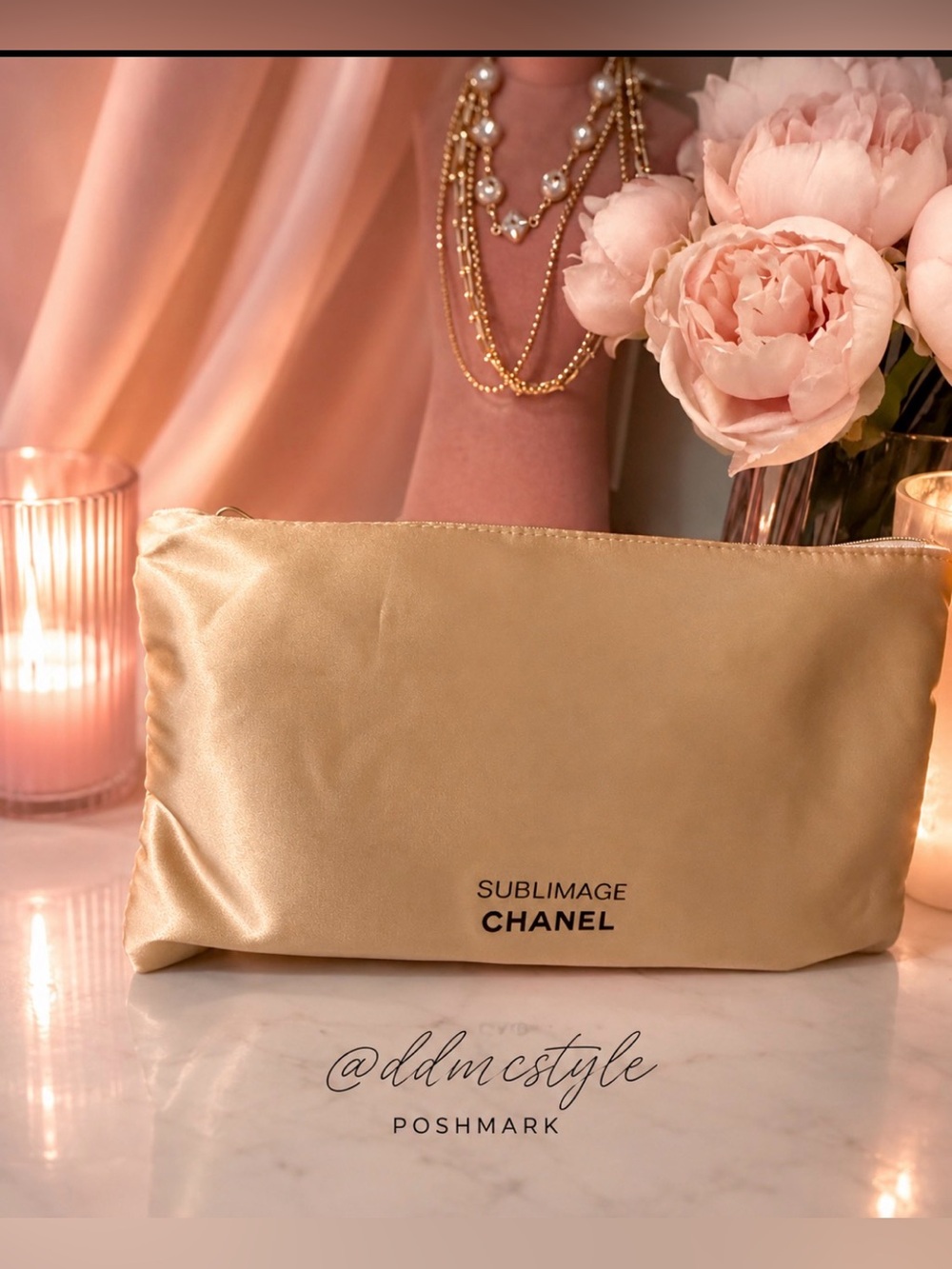 GWP Sublimage Gold Satin Cosmetic Pouch w Satin eye pouch + towelettes